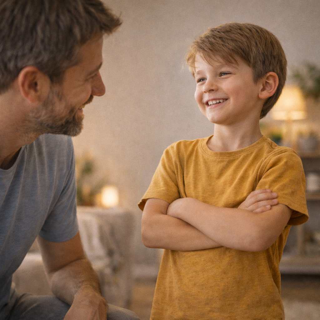 Enfant qui montre sa confiance en lui devant son papa