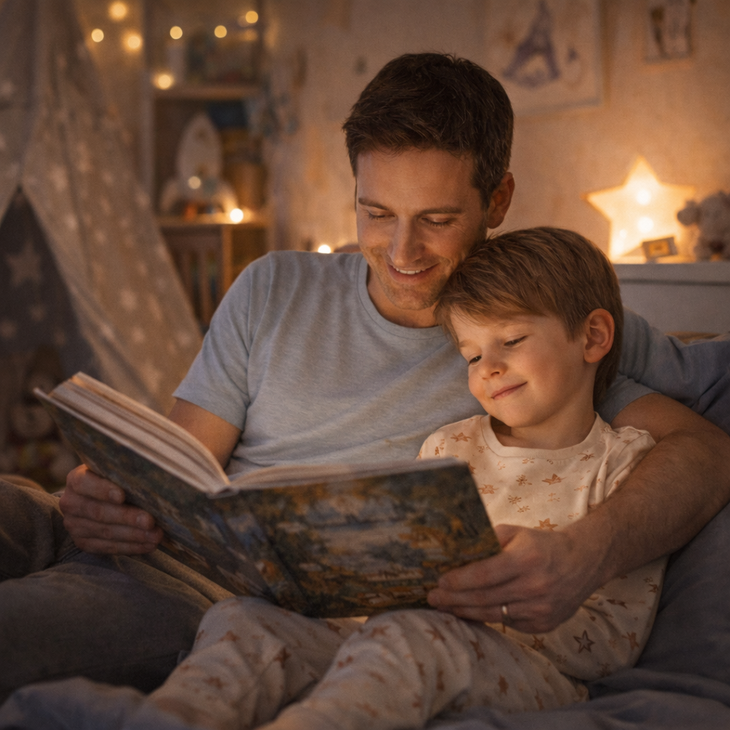 Un papa lisant une histoire du soir avec son enfant